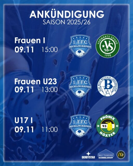 DAS DARFST DU NICHT VERPASSEN! 🔥⚽
Dieses Wochenende wird Mega! Der 1. FFC Recklinghausen lädt dich zu einem wahren Fußballfest ein – und du bist mittendrin statt nur dabei!
🏟️ HEIMSPIEL-MARATHON!
Gleich DREI Top-Spiele unserer Hohenhorstmädels vor heimischer Kulisse:
⚡ Frauen I empfangen Vorwärts SpoHo Köln – Spannung pur garantiert! ⚡ Frauen U23 treffen auf BWW Langenbochum – hungrig auf den Sieg! ⚡ U17 I kämpft gegen Phönix Höxter – Nachwuchstalente auf Erfolgskurs! Das Frauen I Spiel findet im Stadion Hohenhorst statt, die beiden anderen in Leusberg (Strünkederstr. 34)
Aber damit nicht genug! Unsere mutigen Mädels gehen auch auswärts auf Punktejagd:
🚌 U13 gastiert bei Westfalia ETuS 🚌 U17 II fordert den FC 26 Erkenschwick heraus
Nur unsere U15 gönnt sich eine wohlverdiente Pause und sammelt Kräfte für die nächsten Aufgaben.
WARUM DU DABEI SEIN MUSST: So viele Heimspiele auf einmal – das gibt's nicht oft! Bring deine Familie, deine Freunde, deine Nachbarn mit. Zeig unseren Mädels und Frauen, dass Recklinghausen hinter ihnen steht! Jeder Anfeuerungsruf, jeder Applaus gibt ihnen die Extra-Power, die den Unterschied macht.
Lass die Couch kalt und erlebe echte Fußballleidenschaft live! Unsere Teams brauchen DICH auf den Rängen. Gemeinsam sind wir unschlagbar! 💪
Wir sehen uns am Hohenhorst – sei laut, sei stolz, sei dabei! 💙🤍
#1ffcrecklinghausen #Recklinghausen #Frauenfussball #Hohenhorstmädels #Mädchenfussball