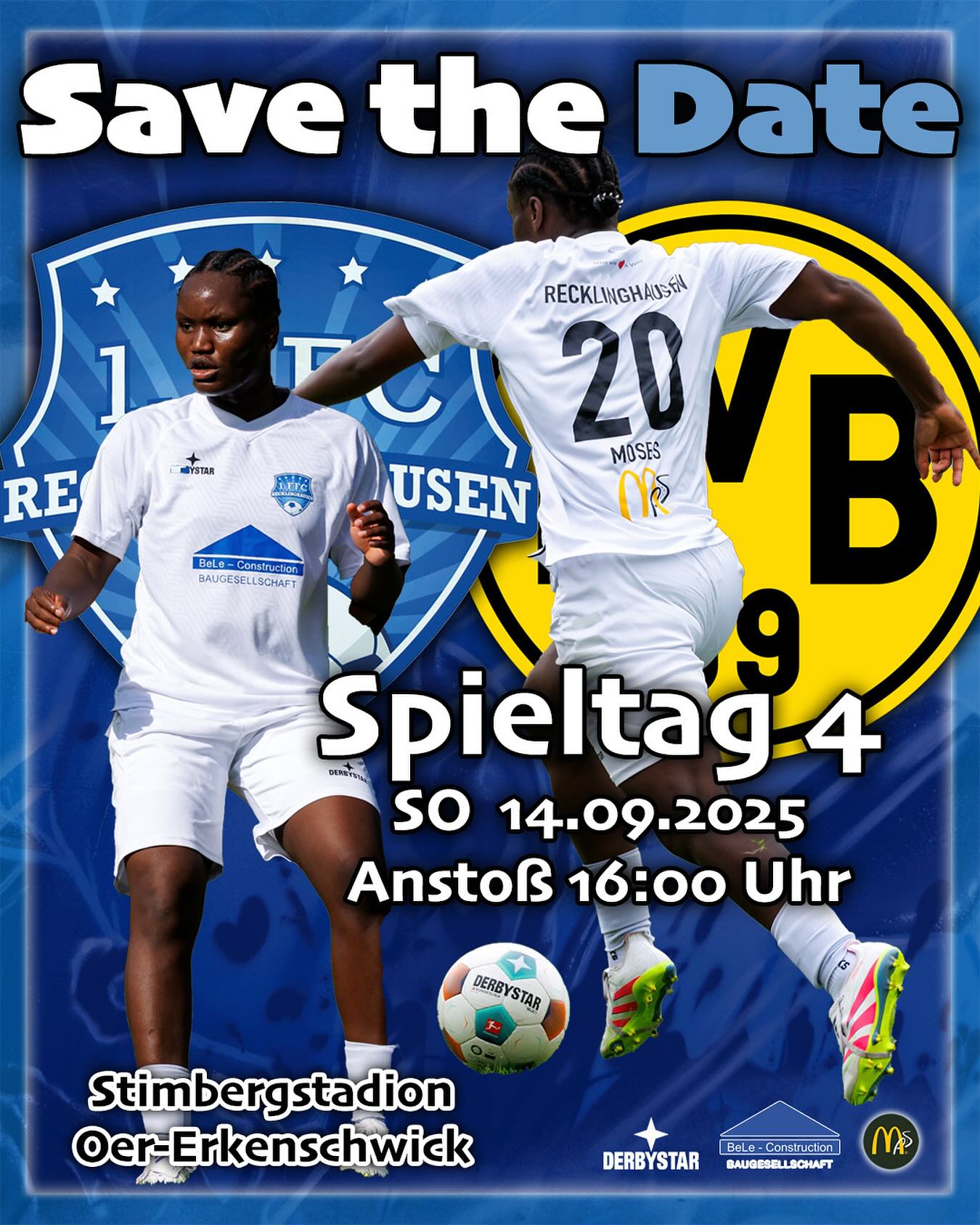 🔥𝗗𝗲𝗿𝗯𝘆𝘁𝗶𝗺𝗲 #𝗙𝗙𝗖𝗕𝗩𝗕 🔥
Nun ist es soweit … Wir freuen uns auf Spieltag 4 … auf das Heimspiel gegen die @bvb09frauen. Viel mehr Tradition geht nicht beim Heimspiel im Stadion der @spvgg.erkenschwick ⚽️⚽️⚽️
🏟️ Stimbergstadion
📌 Stimbergstrasse 175
📌 Oer-Erkenschwick
🥁 Kommt vorbei und unterstützt unseren FFC 💙🤍 im Spiel gegen 🖤💛
Musikalisch 🎛️🎙️ geht die Post ab
Präsentation der FFC Hymne live im Stadion von @frankzeising_official
Holt euch die #Hymne direkt aufs #Smartphone 👉 Link in der Bio ❗️
👊🏻 Wir sehen uns hören uns am SONNTAG im STIMBERGSTADION
@bele_construction_gmbh
@derbystar
@mcdonaldsde
#recklinghausen #heimspiel #stimbergstadion #team #derby #regionalliga