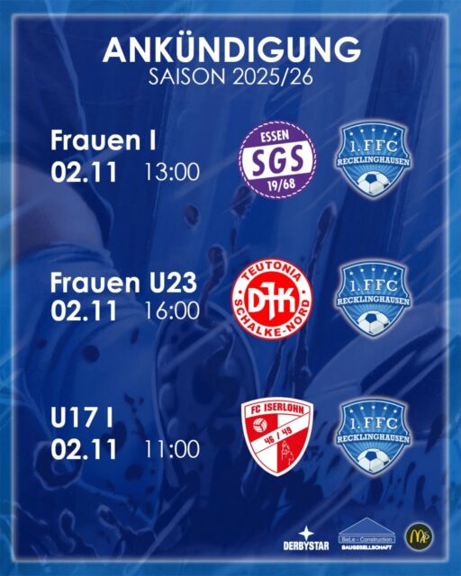 💙🤍 Auswärtsspieltage 🚌

Diesmal bleiben die Plätze am #hohenhorst (fast) leer. Die meisten Teams fiebern Auswärtssiegen entgegen und der FFC drückt die Daumen, dass alle erfolgreich Punkte mitbringen. Am besten immer gleich drei! 😄💪 

Lediglich die U15 bestreitet ihr Spiel am kommenden Mittwoch auf heimischen Grund.

Ganz besonderer Augenmerk liegt auf dem Spiel der Frauen U23. Denn es geht gegen einen der beiden direkten Konkurrenten um die Tabellenspitze! ⚽

Wir glauben an euch! Die #hohenhorstmädels rocken das schon 😁👍

#1ffcrecklinghausen #recklinghausen #frauenfussball #mädchenfussball