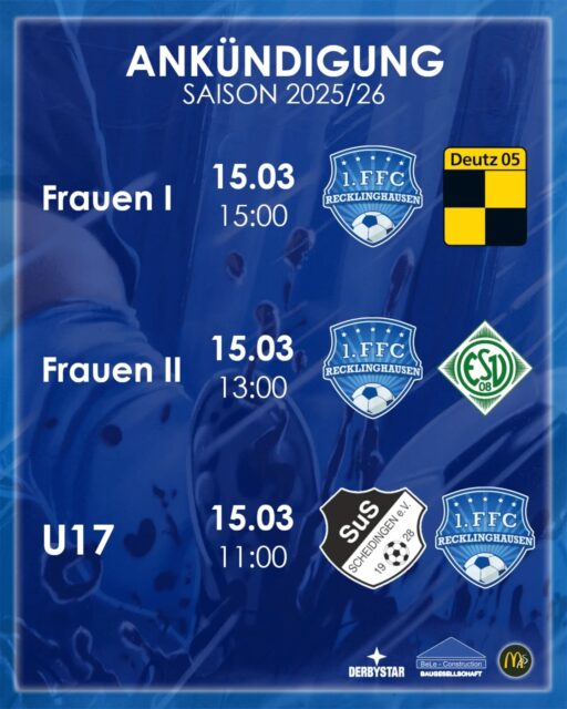 💙🤍⚽ SPIELTAG ⚽💙🤍

Die Teams des 1. FFC Recklinghausen laufen wieder auf. Und diesmal sind alle auf der Jagd nach Punkten. Vorbei ist die Vorbereitung, jetzt gilt es!

Auf geht's Mädels 🔥🔥🔥

#1ffcrecklinghausen #hohenhorstmädels 

@derbystar @mcdonaldsde @bele_construction_gmbh