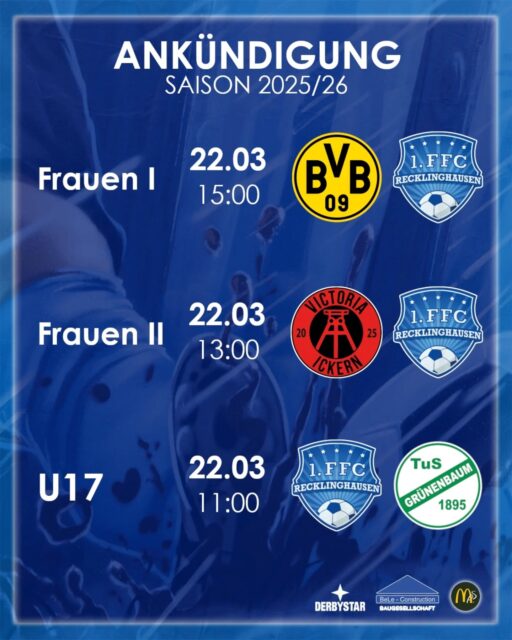 Topspiel der Frauen I 🔥🔥🔥

Am kommenden Wochenende geht es für die Frauen I nach Dortmund zum BVB. Das ist unser absolutes Highlightspiel der Rückrunde.

Komm nach Dortmund und feuere unsere Mädels an 💪 Das wird eine harte Nuss, aber aufgeben gilt nicht 😊

Auch unsere anderen Teams kämpfen um Punkte. Und sie freuen sich natürlich auch über deine Unterstützung. Alles in allem ein tolles Wochenende für den #frauenfussball in #recklinghausen 

#hohenhorstmädels #mädchenfussball 

@derbystar @mcdonaldsde @bele_construction_gmbh