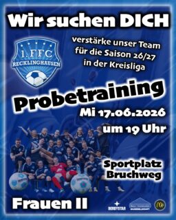 💙🤍 𝙁𝙧𝙖𝙪𝙚𝙣 𝙄𝙄 𝙨𝙪𝙘𝙝𝙚𝙣 𝙑𝙚𝙧𝙨𝙩𝙖̈𝙧𝙠𝙪𝙣𝙜 🤝
🔙 Wir spielen in der #Kreisliga und haben in der gerade abgelaufenen Saison den 4. Tabellenplatz erreicht.
🔜 In der nächsten Saison 26/27 wollen wir ganz oben angreifen 💪🏼
👀👉 𝙎𝙚𝙞 𝙙𝙖𝙗𝙚𝙞, 𝙬𝙚𝙣𝙣 𝙙𝙚𝙧 𝙁𝙁𝘾 𝙙𝙞𝙚 𝙇𝙞𝙜𝙖 𝙧𝙤𝙘𝙠𝙩 💯
Komm gerne zum 𝙋𝙧𝙤𝙗𝙚𝙩𝙧𝙖𝙞𝙣𝙞𝙣𝙜 💙🤍
📍 Sportplatz Bruchweg (Recklinghausen)
📆 Mittwoch, den 17.06.2026
⏱️ 19:00 Uhr
❗️Für die Teilnahme am #Probetraining benötigst du eine gültige Probetrainingserlaubnis deines aktuellen Vereins.
👉 https://1ffc.de/probetraining
(Link oben in der Bio)
Wichtig:
Die ausgefüllte Erlaubnis muss am Trainingstag vorliegen.
Spielerinnen ohne aktuellen Vereinsstatus benötigen keine Genehmigung.
Kontakt:
Nadine Krafczyk
📧 njk@1ffc.de
#frauenfussball #team #recklinghausen