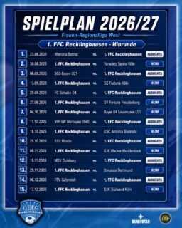 💙🤍 𝙍𝙚𝙜𝙞𝙤𝙣𝙖𝙡𝙡𝙞𝙜𝙖 𝙍𝙖𝙝𝙢𝙚𝙣𝙨𝙥𝙞𝙚𝙡𝙥𝙡𝙖𝙣 ⚽️

Mit Spannung und großer #Vorfreude haben wir die Spieltage unserer Frauen erwartet.

Wir starten am 1. Spieltag mit einem #Auswärtsspiel am SO 23.08.2026 beim Aufsteiger @sv_rhenania Bottrop.

Unser erstes #Heimspiel folgt am 2. Spieltag am SO 30.08.2026 gegen die @vorwaertsspoho98_frauen .

❗️ 𝙉𝙚𝙪𝙚 𝙃𝙚𝙞𝙢𝙨𝙥𝙞𝙚𝙡𝙨𝙩𝙖̈𝙩𝙩𝙚 ❗️

In dieser Saison spielen wir hier:

𝙒𝙖𝙡𝙩𝙚𝙧-𝙉𝙞𝙡𝙞𝙪𝙨-𝙎𝙥𝙤𝙧𝙩𝙥𝙖𝙧𝙠
𝙎𝙩𝙚𝙞𝙣𝙧𝙖𝙥𝙚𝙣𝙚𝙧 𝙒𝙚𝙜
𝙀𝙧𝙠𝙚𝙣𝙨𝙘𝙝𝙬𝙞𝙘𝙠

Weitere Infos folgen … 

#frauenfussball #regionalliga 

@mcdonaldsde 
@derbystar