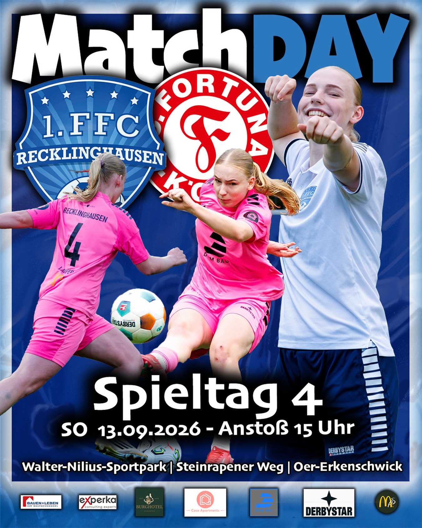 💙🤍 𝙃𝙚𝙞𝙢𝙨𝙥𝙞𝙚𝙡 #𝙁𝙁𝘾𝙆𝙊𝙀 𝙎𝙥𝙞𝙚𝙡𝙩𝙖𝙜 4 💯

Liebe Sportsfreunde und Fans unseres FFC,
morgen erwartet uns das nächste #Topspiel.

Im zweiten #Heimspiel der Saison reisen die Frauen vom SC Fortuna Köln an, derzeit noch ungeschlagen und mit 7 Punkten auf Tabellenplatz 5.

Wir freuen uns über zahlreiche #Unterstützung 🥁👏 im Sportpark.

Für 🌭🍟🍻 wird vom @fc26 gesorgt.

🆚 @fortunakoeln_frauen 
🏟️ Walter-Nilius-Sportpark
📍 Oer-Erkenschwick, Steinrapener Weg
🗓️ SO 13.09.2026
⏰ Anstoß 15 Uhr

——-
@dombaugmbh 
@caseapartments 
@bauenundleben 
@experka_ 
@burghotel_volmarstein 
@derbystar
@mcdonaldsde